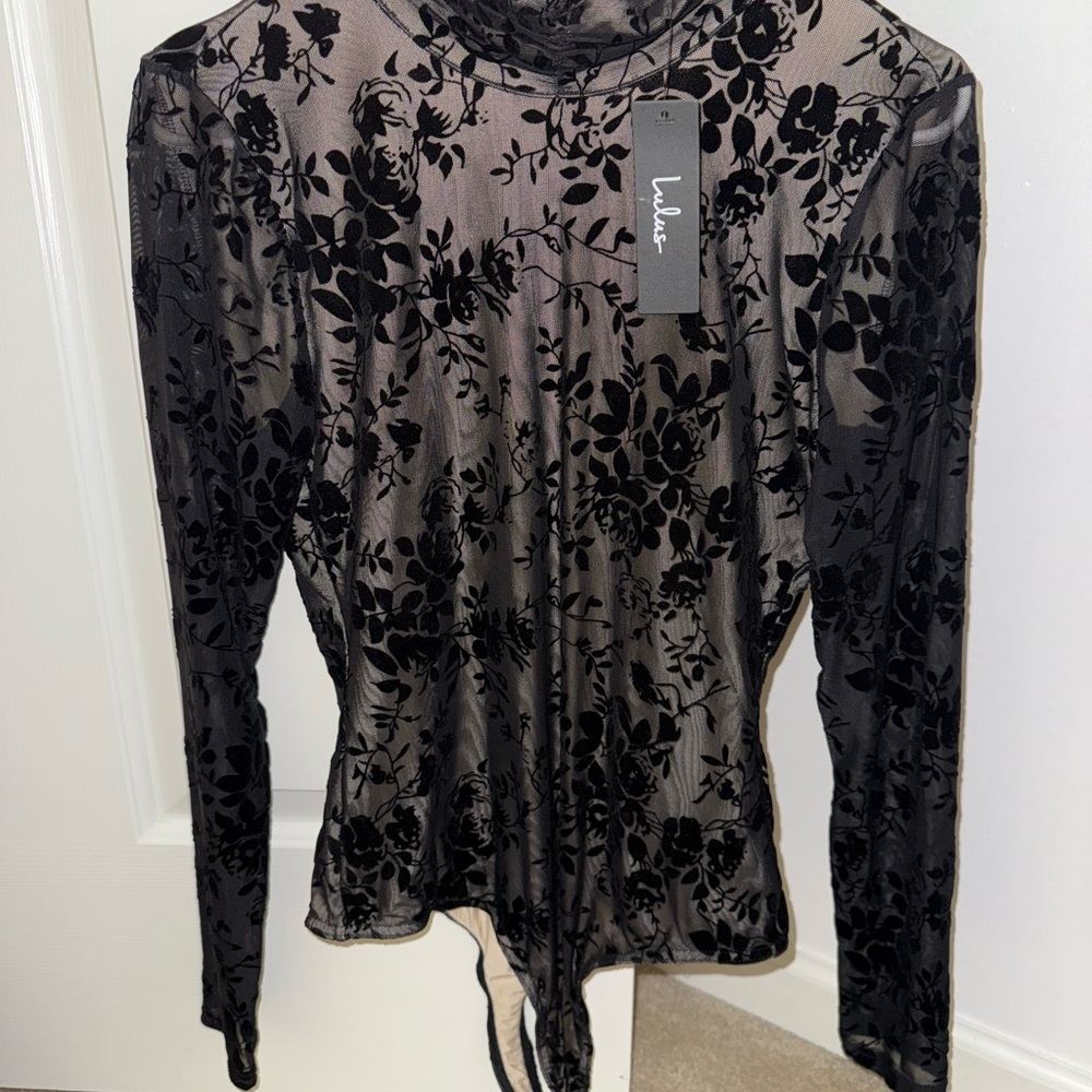 Lulu's tags on Black Floral Mesh Bodysuit